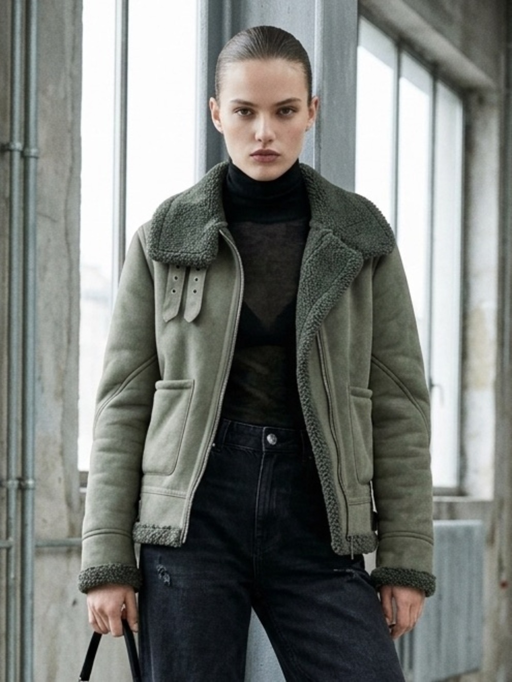 Indi & Cold Faux Shearling Aviator Jacket Suede Biker Coat Olive Green XS